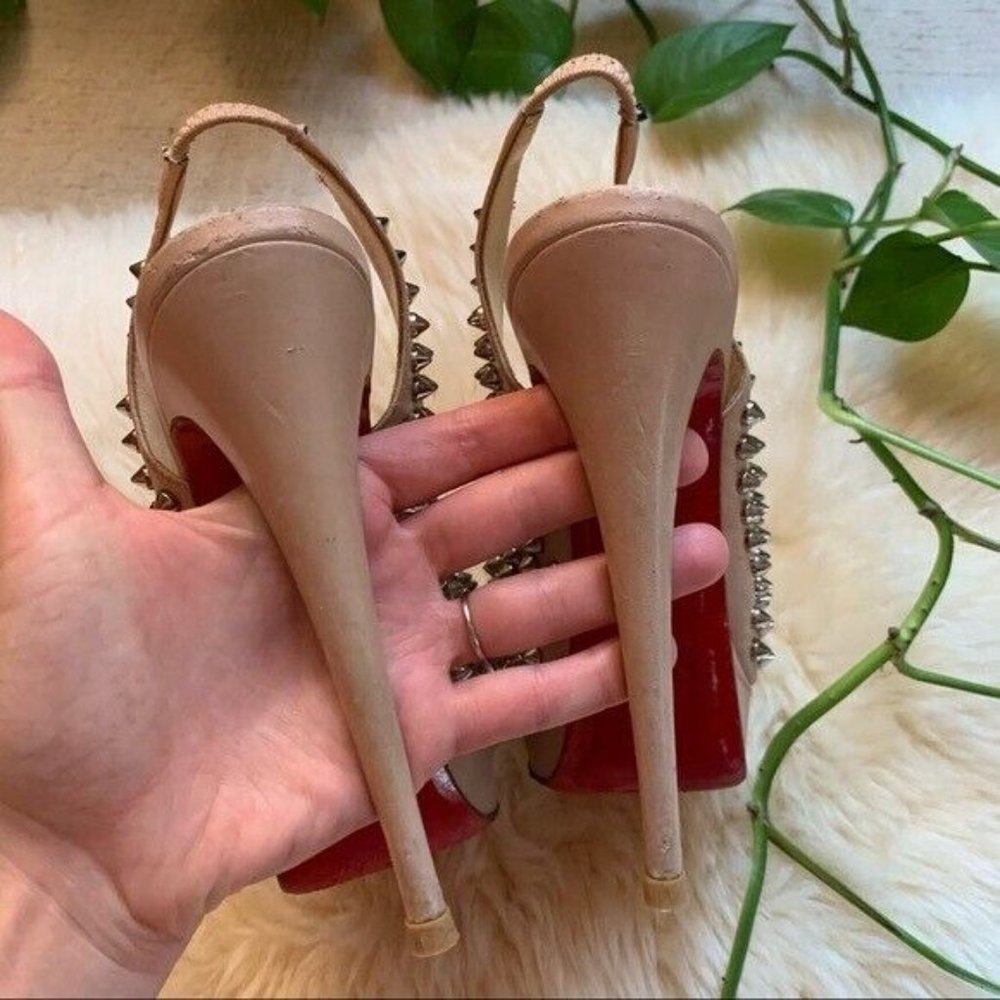 Louboutin Nude Leather Clou Spikes Studded Designer Platform Slingbacks Pumps 37 - Picture 5 of 13